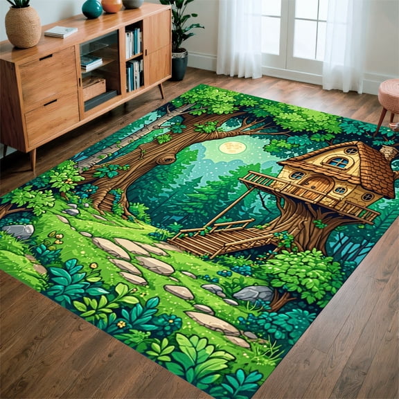 ODIKA 4'x6' Machine Washable Non-Slip Area Rug, Enchanted Forest Storybook High Traffic Rug, Green, 282209