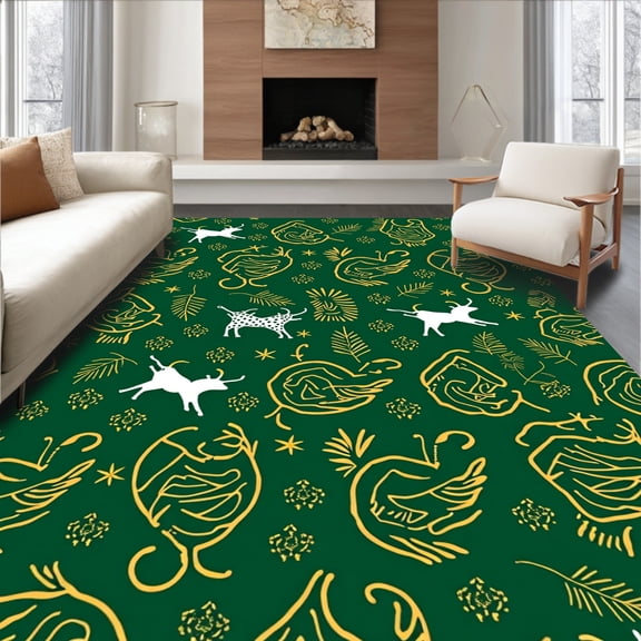 ODIKA 4'x6' Machine Washable Non-Slip Area Rug, Whimsical Holiday Herd Interlocking Abstract Animal Inspired High Traffic Rug, Green, 642821