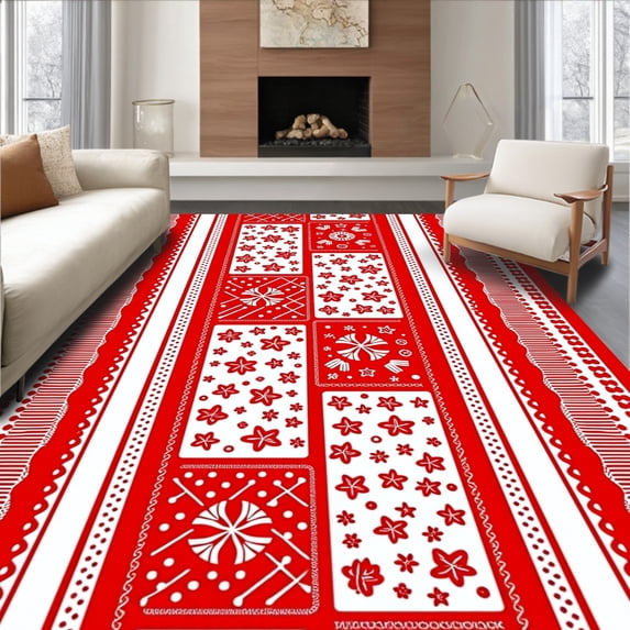 ODIKA 4'x6' Machine Washable Non-Slip Area Rug, Whimsical Holiday Patchwork with Gingerbread and High Traffic Rug with Pad, Red, 616290