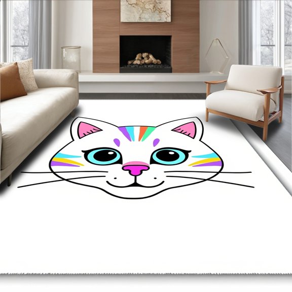 ODIKA 4x6 Machine Washable Non-Slip Area Rug, Whimsical Kitten Face Shaped Bathroom Floor Covering High Traffic Rug, White, 724514