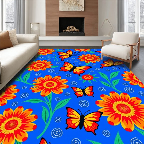 ODIKA 4x6 Machine Washable Non-Slip Area Rug, Whimsical Meadow Dance with Fluttering Wings and Bloom Burst Motif High Traffic Rug, Blue, 646470