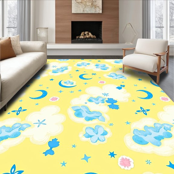 ODIKA 4x6 Machine Washable Non-Slip Area Rug, Whimsical Moon and Cloud Dreamscape with Scattered Starlight High Traffic Rug, Yellow, 691493