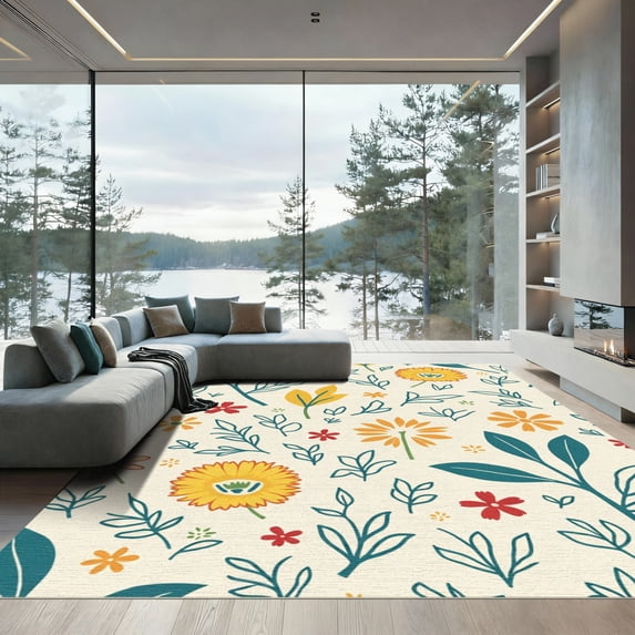 ODIKA 4'x6' Machine Washable Non-Slip Area Rug, Whimsical Nature Themed with Playful Shapes and Colors High Traffic Rug with Pad, Beige, 904649
