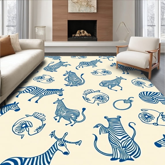 ODIKA 4'x6' Machine Washable Non-Slip Area Rug, Whimsical Safari Critters Motif Featuring Lion Giraffe Monkey and Zebra High Traffic Rug with Pad, Ivory, 684045