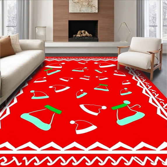 ODIKA 4'x6' Machine Washable Non-Slip Area Rug, Whimsical Santa Hat Mosaic with Playful Chevron Borders High Traffic Rug with Pad, Red, 621718