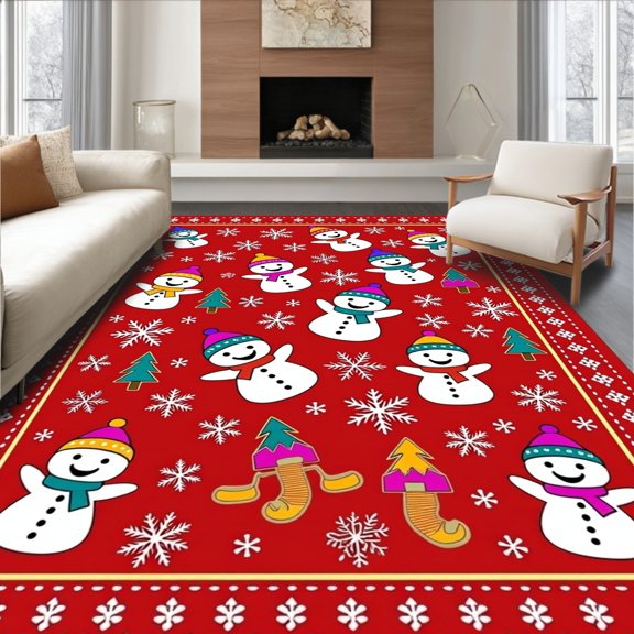 ODIKA 4'x6' Machine Washable Non-Slip Area Rug, Whimsical Snowman Parade with Playful Festive Motifs High Traffic Rug, Red, 629652