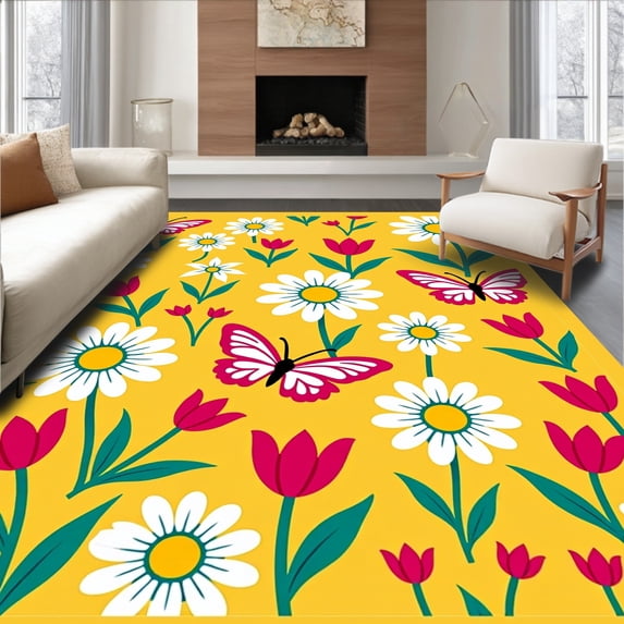 ODIKA 4'x6' Machine Washable Non-Slip Area Rug, Whimsical Spring Fauna Flora Festival Arrangement High Traffic Rug, Yellow, 663401