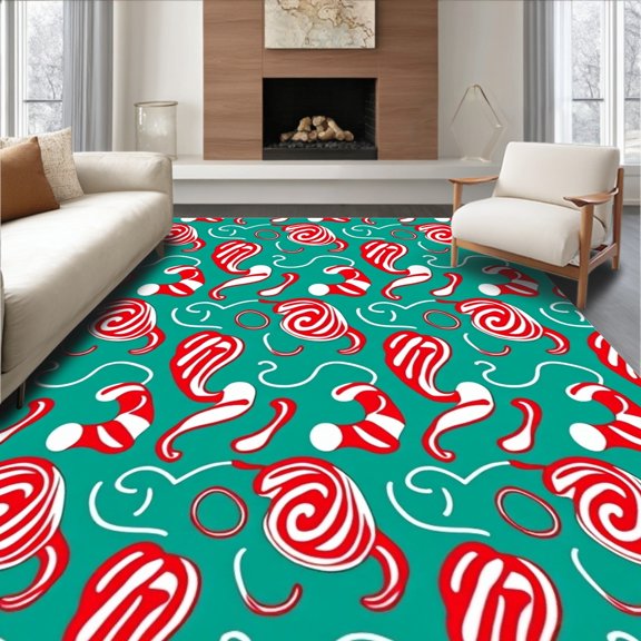 ODIKA 4'x6' Machine Washable Non-Slip Area Rug, Whimsical Swirl Peppermint Seasonal Festive Decoration High Traffic Rug, Red, 606825