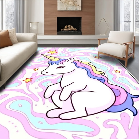 ODIKA 4'x6' Machine Washable Non-Slip Area Rug, Whimsical Unicorn Dreamscape with Clouds and Enchanted Stars High Traffic Rug with Pad, Pink, 724018