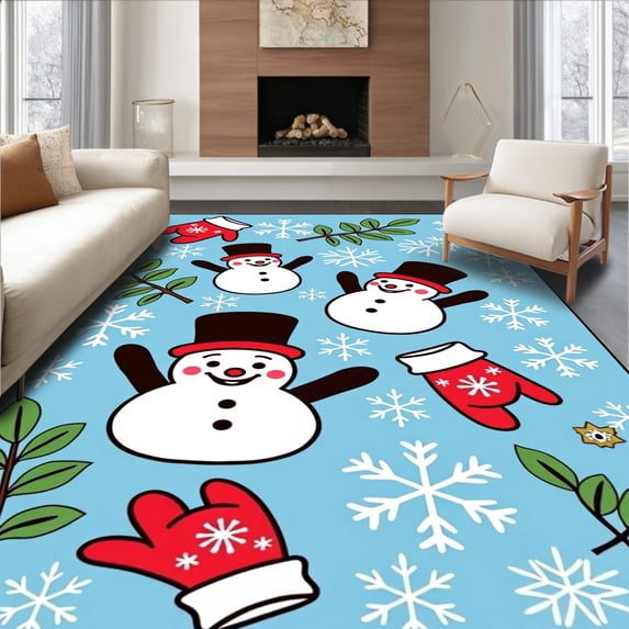 ODIKA 4'x6' Machine Washable Non-Slip Area Rug, Whimsical Winter Wonderland Scene with Cheerful Snowman and Falling Snow High Traffic Rug with Pad, Blue, 746694