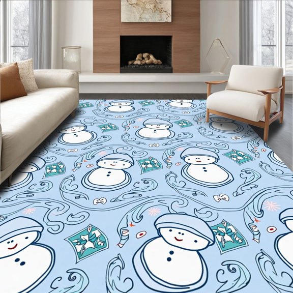 ODIKA 4'x6' Machine Washable Non-Slip Area Rug, Whimsical Winter Wonderland Scene Featuring Frosty Friends and Holly Sprigs High Traffic Rug, Blue, 645184