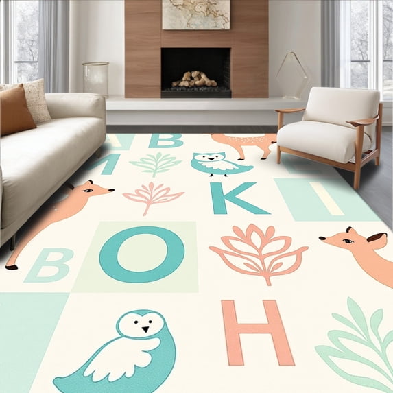 ODIKA 4'x6' Machine Washable Non-Slip Area Rug, Whimsical Woodland Alphabet with Forest Creatures and Letter Blocks High Traffic Rug with Pad, Orange, 685553