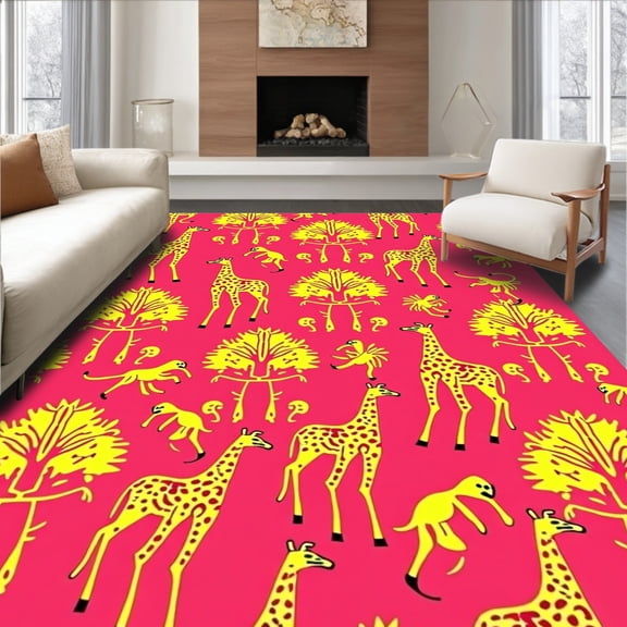 ODIKA 4'x6' Machine Washable Non-Slip Area Rug, Whimsical Zoo Parade Featuring Friendly Giraffes and Playful Monkeys High Traffic Rug, Pink, 682378