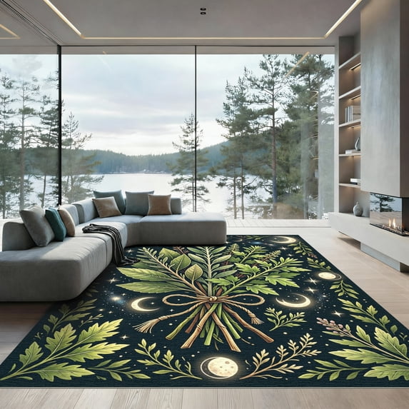 ODIKA 4'x6' Machine Washable Non-Slip Area Rug, Whimsigoth Sage Green High Traffic Rug, Green, 1311328