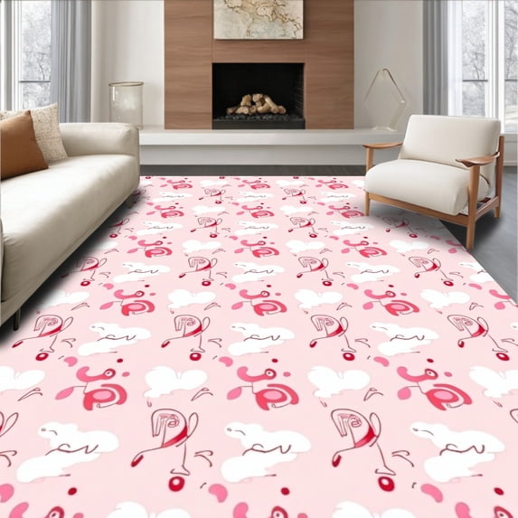 ODIKA 4'x6' Machine Washable Non-Slip Area Rug, Whirlwind Alphabet Spiral with Playful Polka Dots and Dreamy Cloud Motifs High Traffic Rug with Pad, Pink, 692285