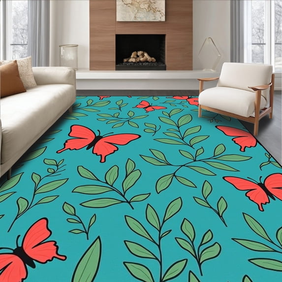 ODIKA 4'x6' Machine Washable Non-Slip Area Rug, Whispering Wings Abstract with Floating and Leafy High Traffic Rug, Blue, 721191