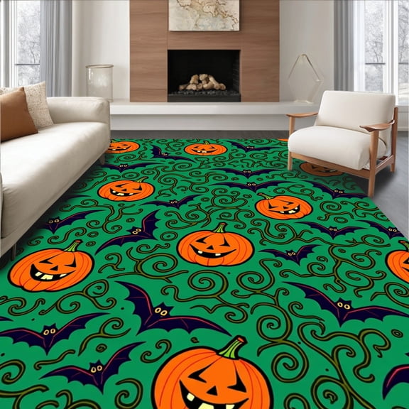 ODIKA 4'x6' Machine Washable Non-Slip Area Rug, Wicked Pumpkin Patch Scene with Enchanted Bats and Shadowy Foliage High Traffic Rug, Green, 641861