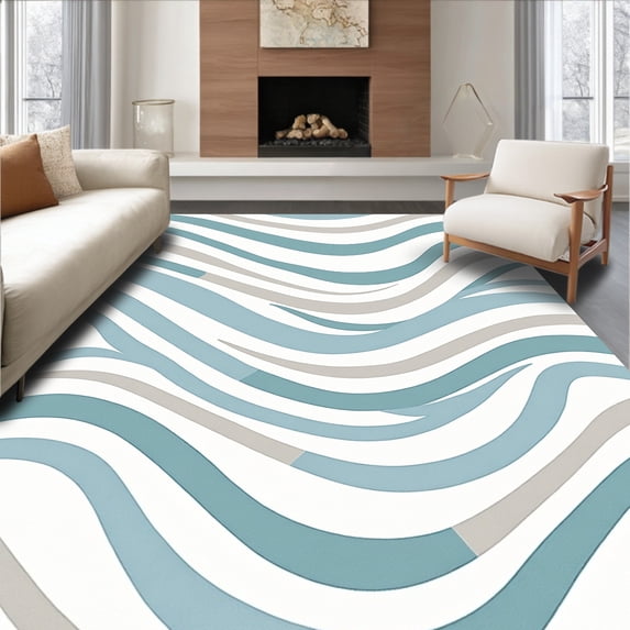 ODIKA 4'x6' Machine Washable Non-Slip Area Rug, Wild Elephant Trunk Wave Motif Bedding High Traffic Rug with Pad, Blue, 684896
