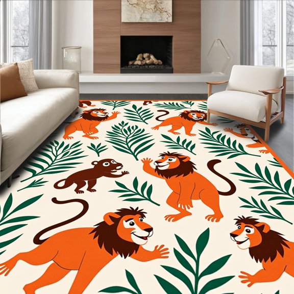 ODIKA 4x6 Machine Washable Non-Slip Area Rug, Wild Lion Mane Monkey Tree Branch Design High Traffic Rug, Orange, 684178