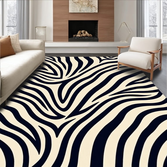 ODIKA 4'x6' Machine Washable Non-Slip Area Rug, Wild Safari Zebra Stripes Luxury Shag High Traffic Rug, Black, 660176