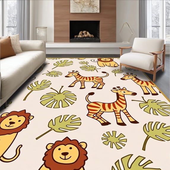 ODIKA 4'x6' Machine Washable Non-Slip Area Rug, Wild Savanna Friends Expedition Menagerie Jungle Carnival High Traffic Rug with Pad, Beige, 684032