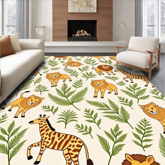 ODIKA 4'x6' Machine Washable Non-Slip Area Rug, Wildlife Wonders Storybook Safari Animal Parade with Tropical Accents High Traffic Rug with Pad, Beige, 684044