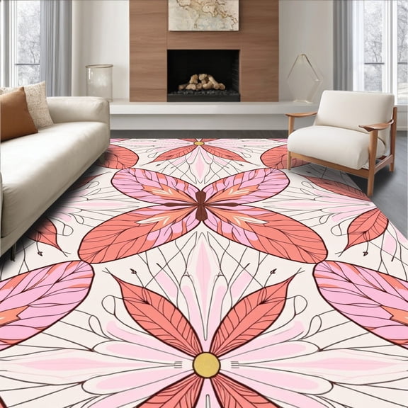 ODIKA 4'x6' Machine Washable Non-Slip Area Rug, Wing Mosaic Fuzzy in Blush Palette High Traffic Rug, Pink, 556308