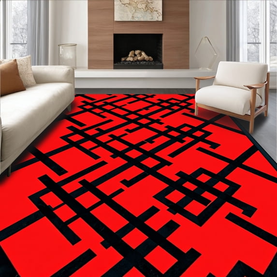 ODIKA 4'x6' Machine Washable Non-Slip Area Rug, Winter Hearth Lumberjack Quilted Diagonal Grid Crosshatch High Traffic Rug with Pad, Red, 621201