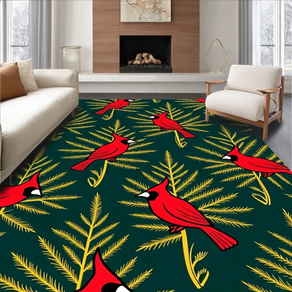 ODIKA 4'x6' Machine Washable Non-Slip Area Rug, Winter Pine Forest Semi Circle Cardinal Motif High Traffic Rug with Pad, Red, 617813