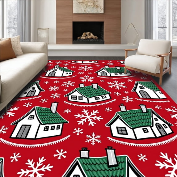 ODIKA 4'x6' Machine Washable Non-Slip Area Rug, Winter Snowflake Cottage Welcome Frosted Village House Doormat High Traffic Rug with Pad, Red, 747167
