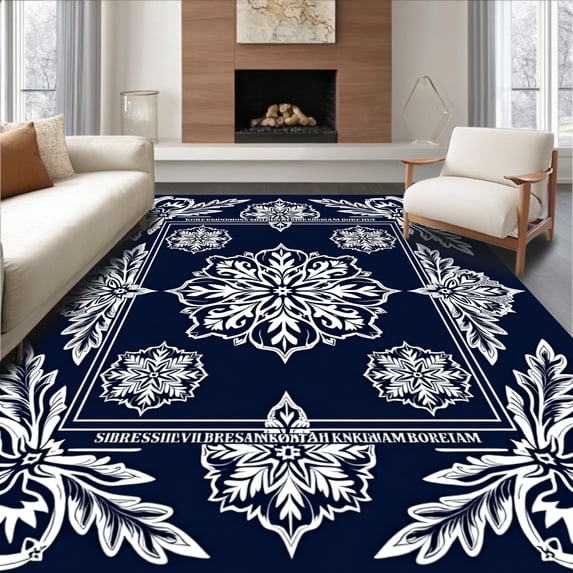 ODIKA 4'x6' Machine Washable Non-Slip Area Rug, Winter Snowflake Medallion Design Christmas Door High Traffic Rug with Pad, Blue, 620865