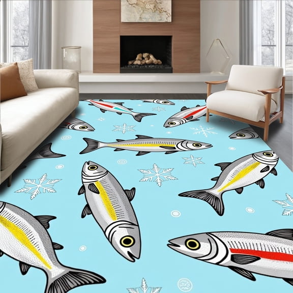 ODIKA 4'x6' Machine Washable Non-Slip Area Rug, Winter Stream Angler Yarn Hooked Decorative Artwork High Traffic Rug, Blue, 643012