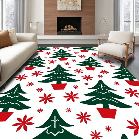 ODIKA 4x6 Machine Washable Non-Slip Area Rug, Winter Wonderland Conifer Path Adorned Snowflake Embellishments High Traffic Rug, Green, 501749
