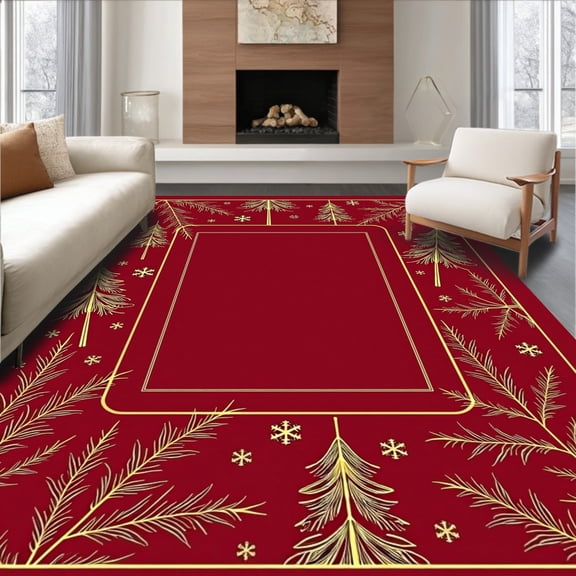 ODIKA 4'x6' Machine Washable Non-Slip Area Rug, Winter Wonderland Fir Botanical Elegant Decoration High Traffic Rug, Red, 501644