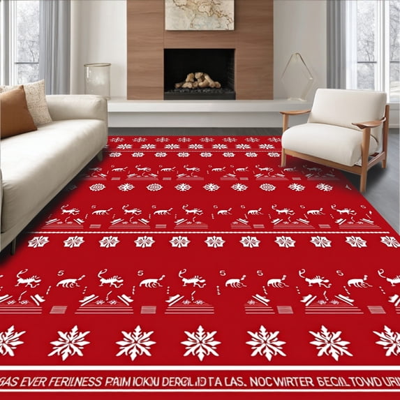 ODIKA 4'x6' Machine Washable Non-Slip Area Rug, Winter Wonderland Forest Scene with Reindeer and Falling Snowflakes High Traffic Rug with Pad, Red, 629523