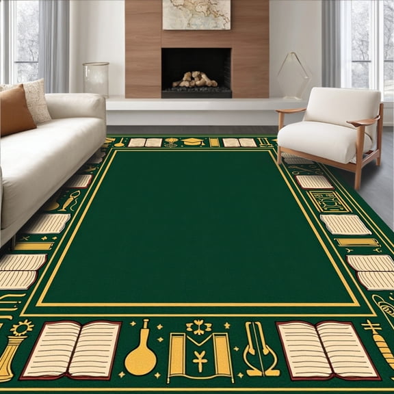 ODIKA 4'x6' Machine Washable Non-Slip Area Rug, Witty Knowledge Seeker With Academic Charm High Traffic Rug, Green, 662953