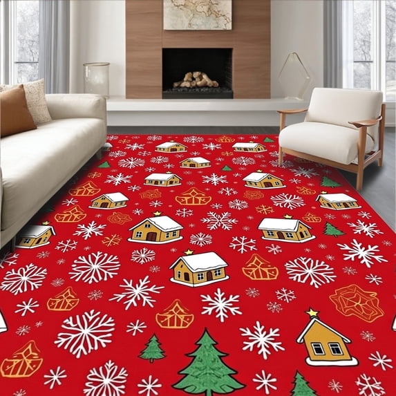 ODIKA 4'x6' Machine Washable Non-Slip Area Rug, Wonderland Snowy Village Hearth Embellishment High Traffic Rug, Red, 623246