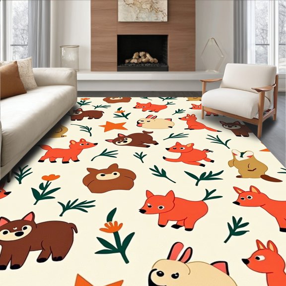 ODIKA 4x6 Machine Washable Non-Slip Area Rug, Woodland Creatures Adventure with Playful Forest Friends Design High Traffic Rug, Orange, 683686