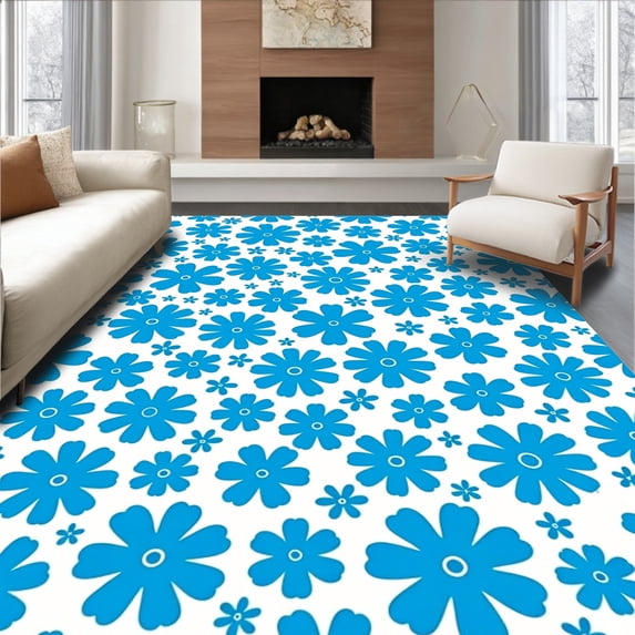 ODIKA 4'x6' Machine Washable Non-Slip Area Rug, Yoga Towel with Kaleidoscope Flower Power Graphics High Traffic Rug with Pad, Blue, 713865
