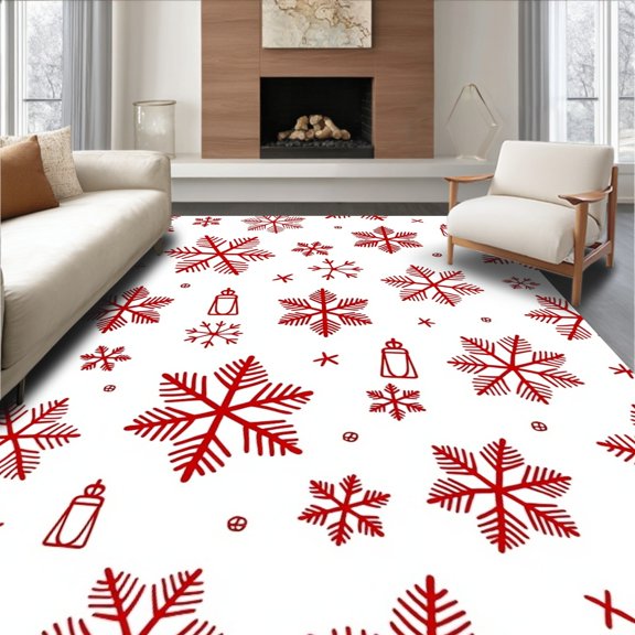 ODIKA 4'x6' Machine Washable Non-Slip Area Rug, Yuletide Celebration Shower Kit Snow Flake Bath Ensemble High Traffic Rug, Red, 638577