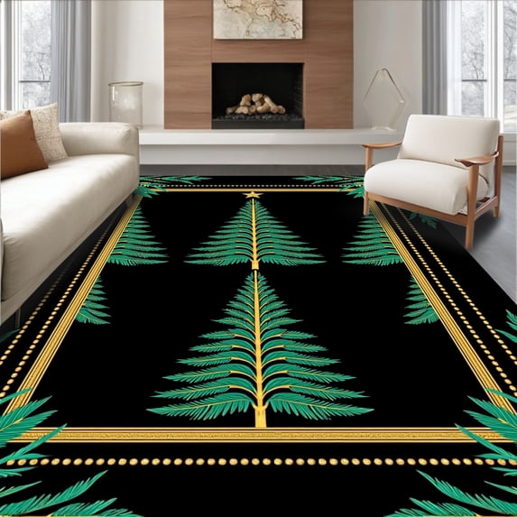 ODIKA 4'x6' Machine Washable Non-Slip Area Rug, Yuletide Conifer Latch Hook Kit Canvas Yarn Crochet Decoration High Traffic Rug, Black, 651012