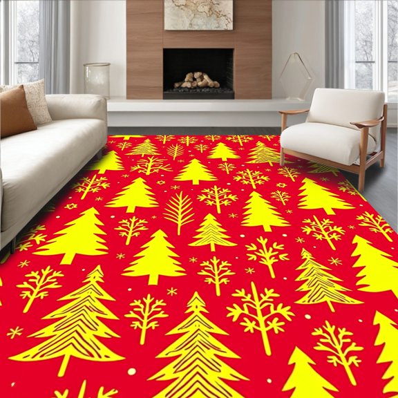 ODIKA 4'x6' Machine Washable Non-Slip Area Rug, Yuletide Evergreen Wonderland Seasonal Decorative Accent High Traffic Rug, Red, 605684
