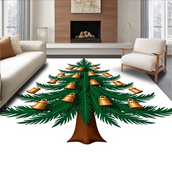 ODIKA 4'x6' Machine Washable Non-Slip Area Rug, Yuletide Fir with Dangling Ornament Bells Hook Crafting Kit High Traffic Rug, Green, 649145