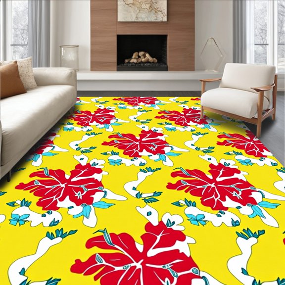 ODIKA 4'x6' Machine Washable Non-Slip Area Rug, Yuletide Flora Enchanted Decorative Underlay High Traffic Rug, Yellow, 608985