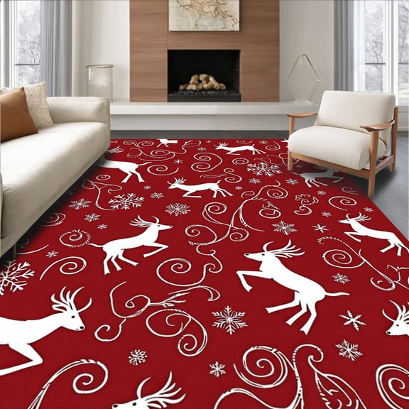ODIKA 4'x6' Machine Washable Non-Slip Area Rug, Yuletide Forest Fauna Embellished Accent Decoration High Traffic Rug, Red, 605773