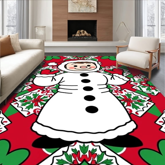 ODIKA 4'x6' Machine Washable Non-Slip Area Rug, Yuletide Greeting Snowy Character Entrance Welcoming High Traffic Rug, Red, 638397