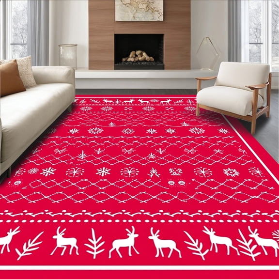 ODIKA 4'x6' Machine Washable Non-Slip Area Rug, Yuletide Reindeer Entrance Decoration Seasonal Greetings High Traffic Rug, Red, 609379