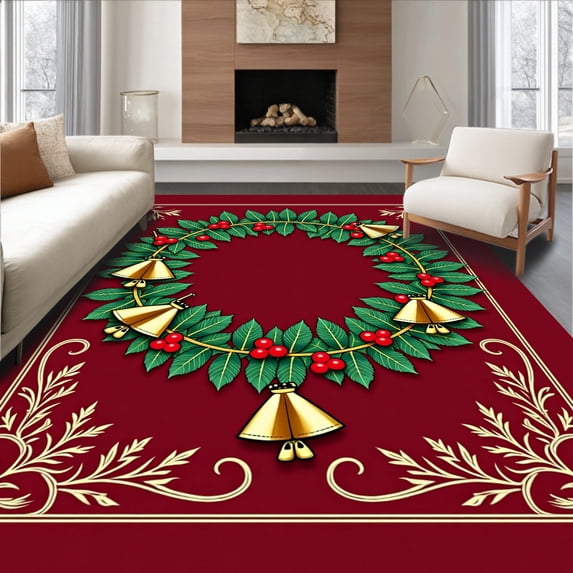 ODIKA 4'x6' Machine Washable Non-Slip Area Rug, Yuletide Needlework with Traditional Holiday Designs High Traffic Rug, Red, 619967