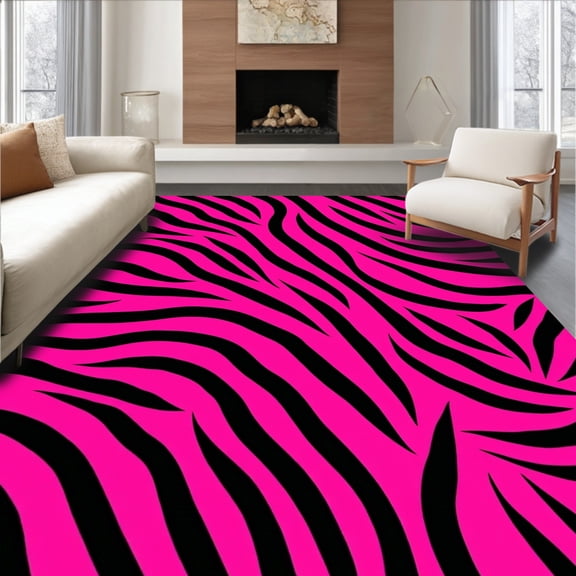 ODIKA 4'x6' Machine Washable Non-Slip Area Rug, Millennial Bold Hot Zebra Stripe with Dynamic Black Swirls Print Pink High Traffic Rug, Pink, 288336