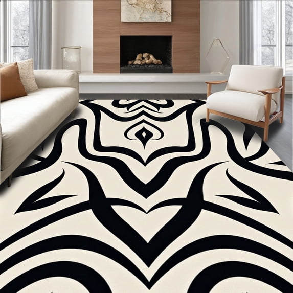 ODIKA 4'x6' Machine Washable Non-Slip Area Rug, Zigzag Wave with Retro Graphic Touch High Traffic Rug with Pad, Black, 660900